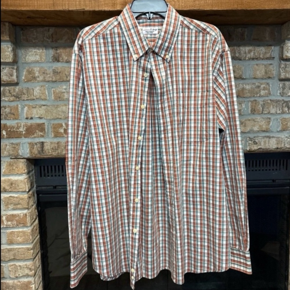 Orange and Green Plaid Tartan Long Sleeved Button Down Shirt